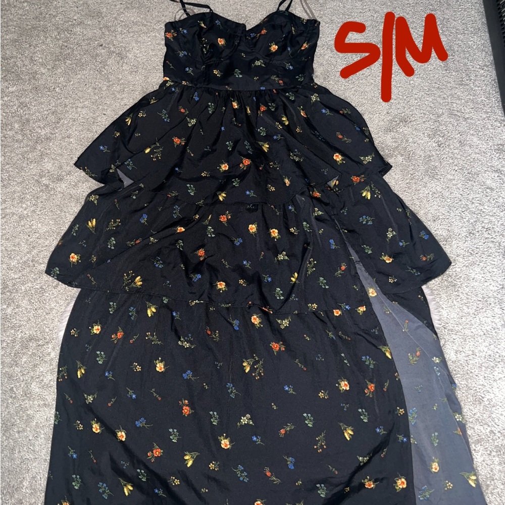 Black Floral Tiered Maxi Dress with Spaghetti Straps